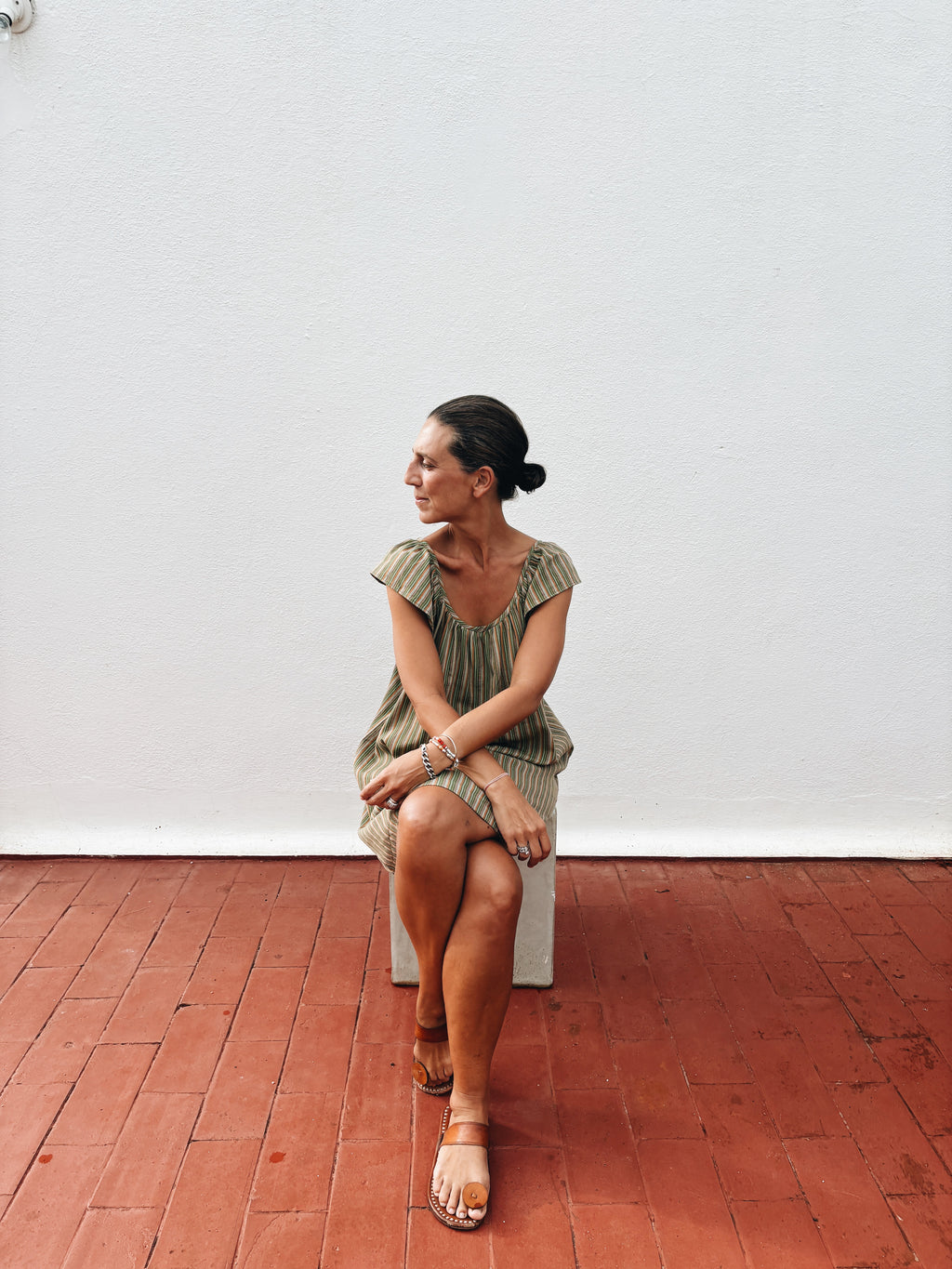 Short frill dress handloom cotton olive green stripes