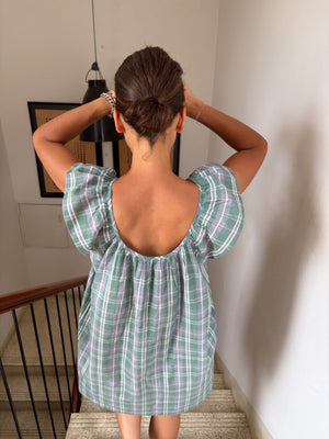 Short frill dress grey/green handloom