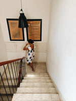 Short frill dress blue spot ikat