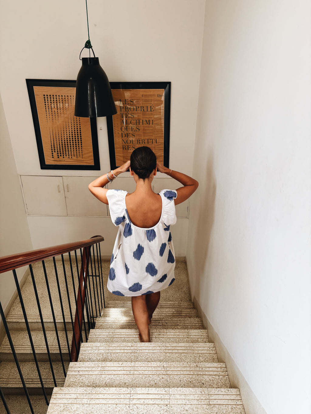 Short frill dress blue spot ikat