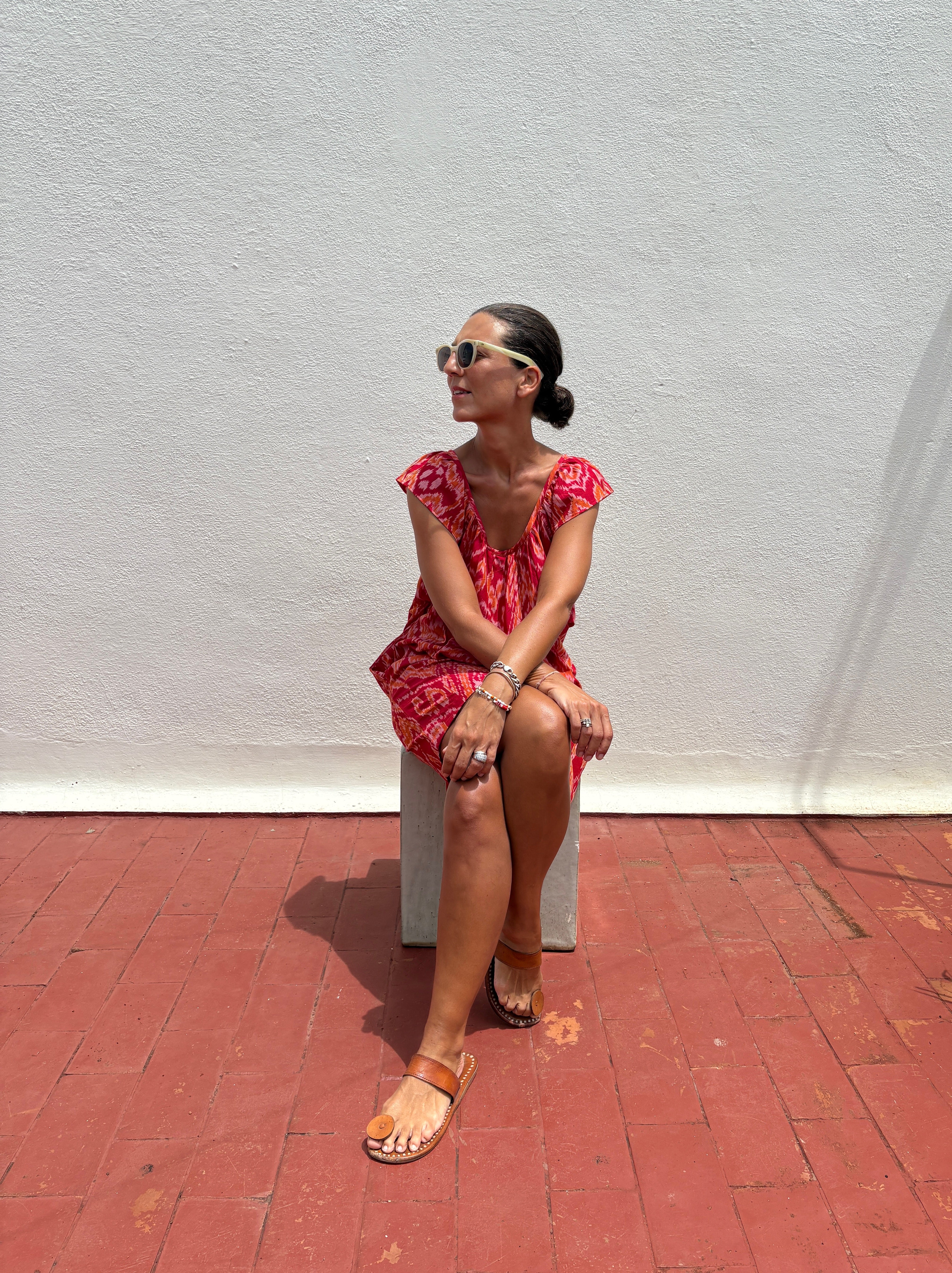 Short frill dress orange/red ikat