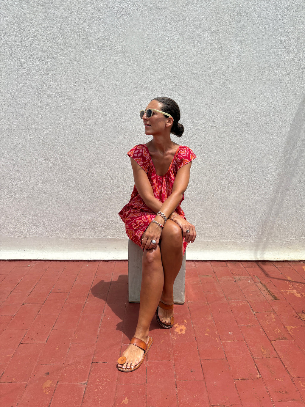 Short frill dress orange/red ikat