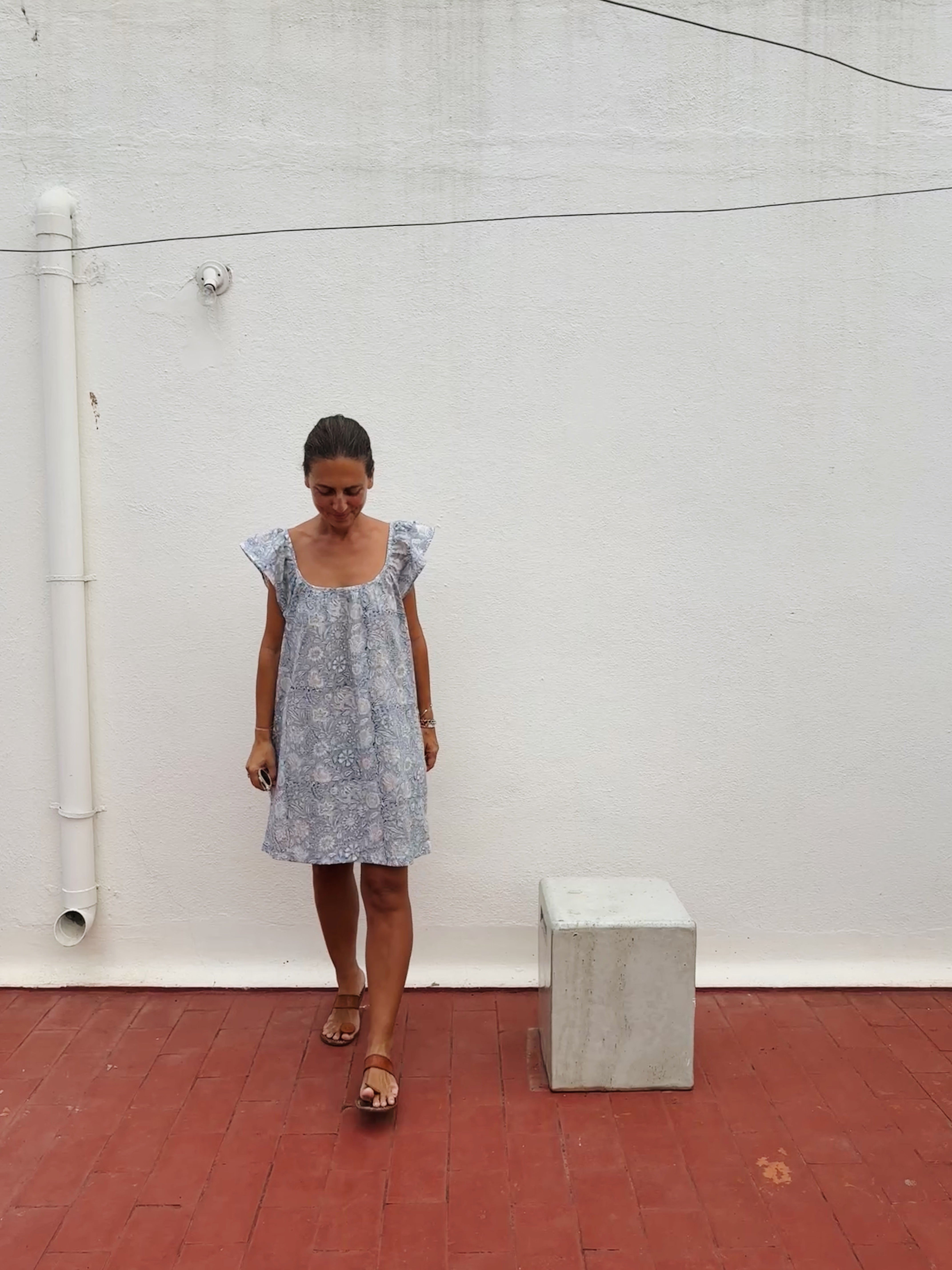 Short frill dress light blue block print cotton