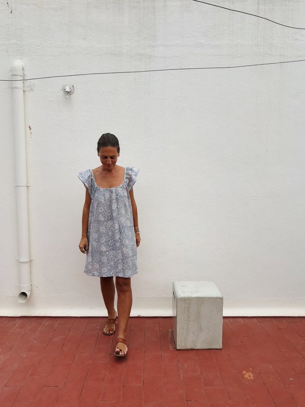 Short frill dress light blue block print cotton
