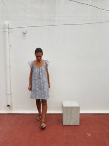 Short frill dress light blue block print cotton