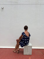 Short frill dress blue white triangle ikat