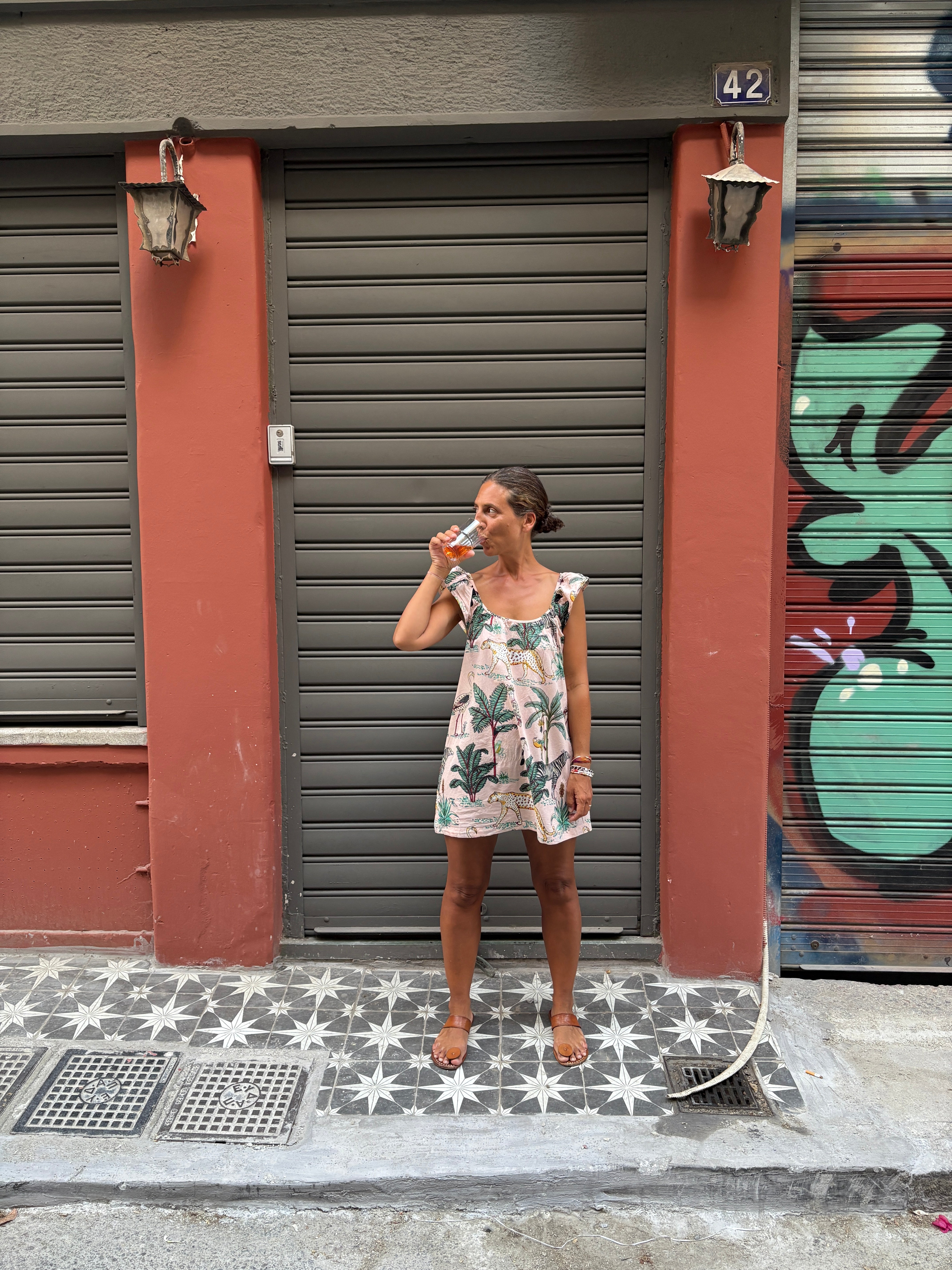 Short frill dress animal screen print